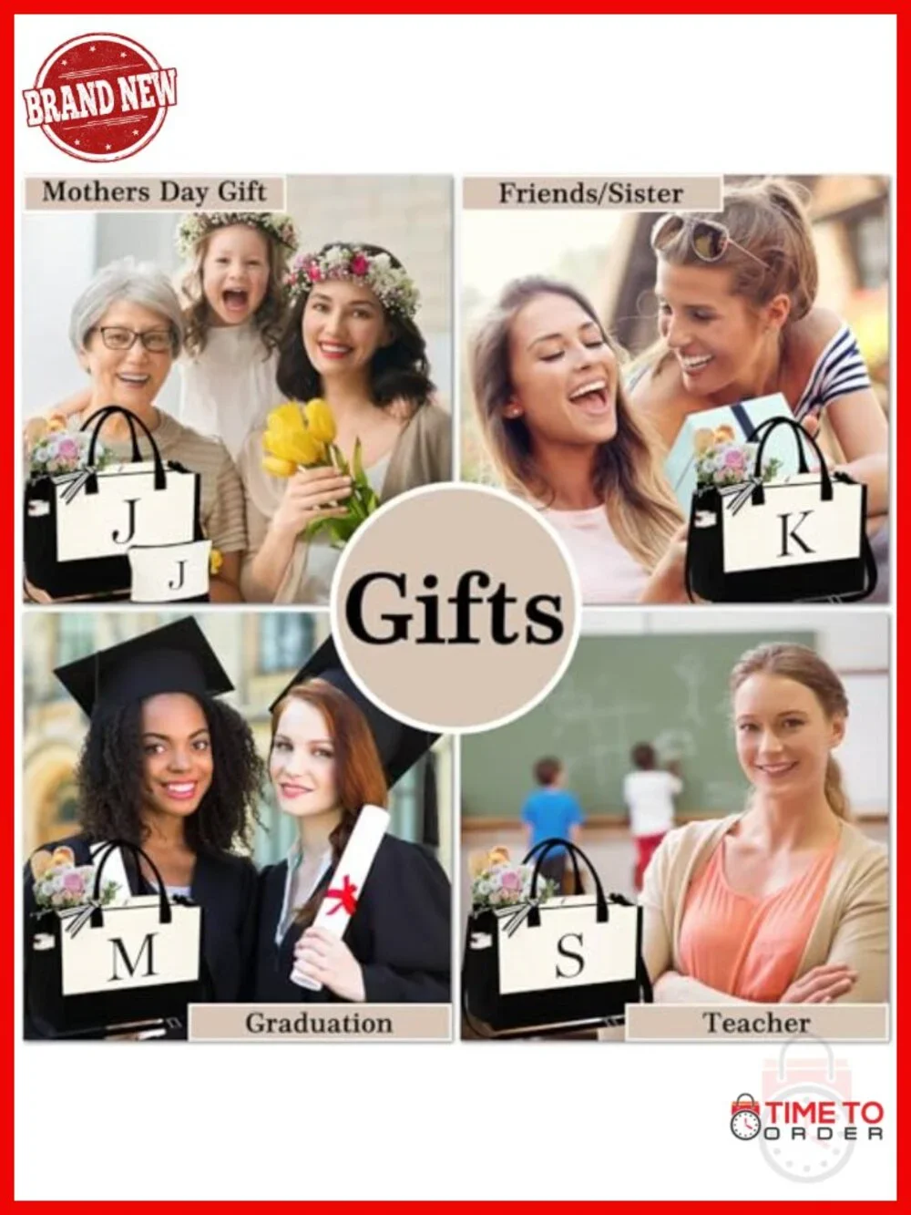 Initial Canvas Tote Bag with Makeup Bag, Monogrammed Beach Bag, Large Capacity,